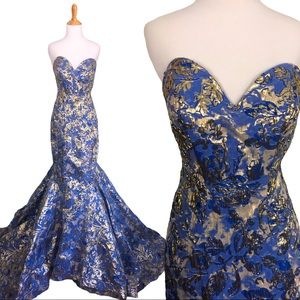 NWOT Mac Duggal Blue/Gold Brocade Mermaid Gown- size 10